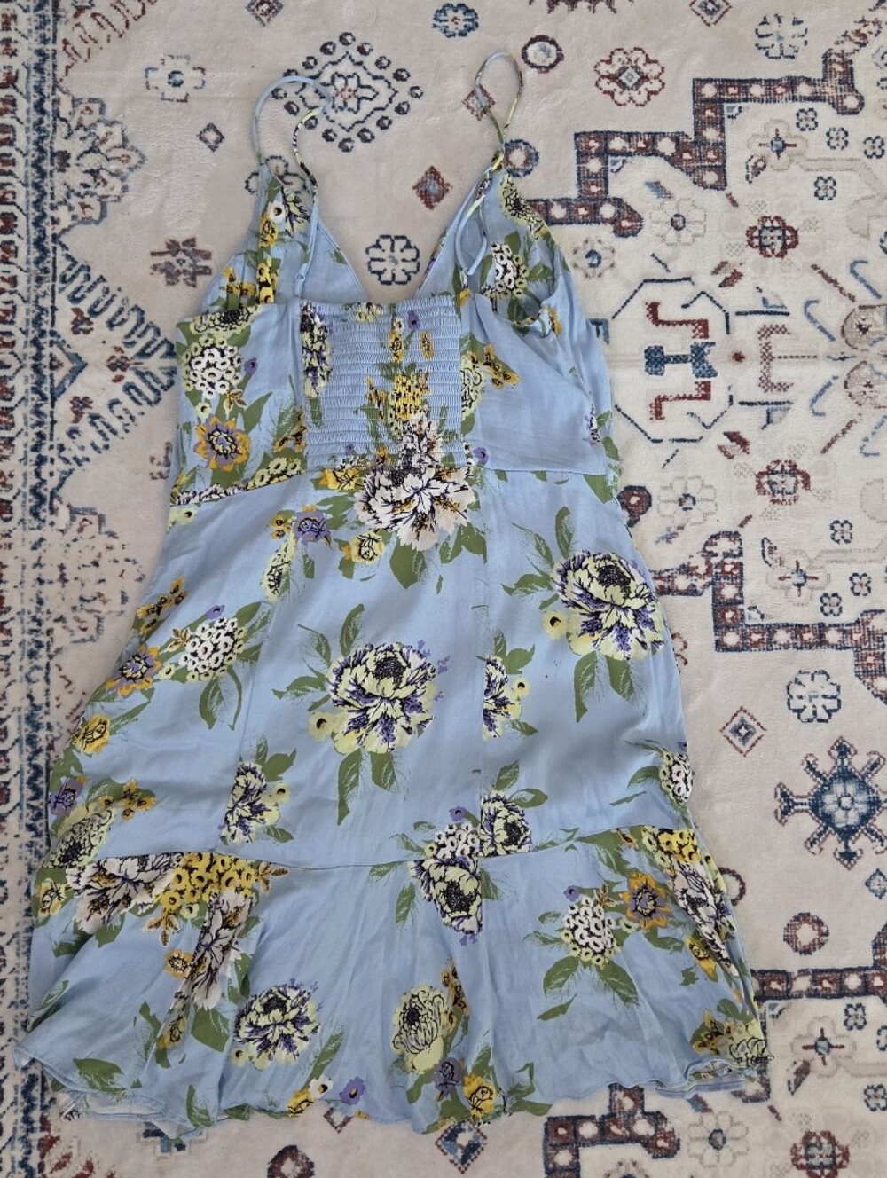 Free People "Happy Heart" Runched Mini Dress Sky Blue Floral Medium - EUC - Picture 6 of 6